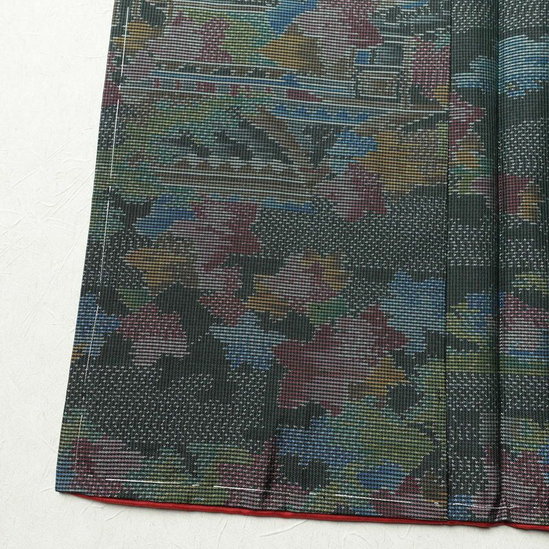 紬 しつけ糸付き 正絹 風景柄 袷仕立て 身丈152.5cm 裄丈64cm 着物 緑・うぐいす色_画像12