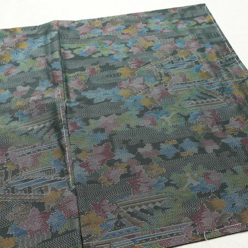 紬 しつけ糸付き 正絹 風景柄 袷仕立て 身丈152.5cm 裄丈64cm 着物 緑・うぐいす色_画像13