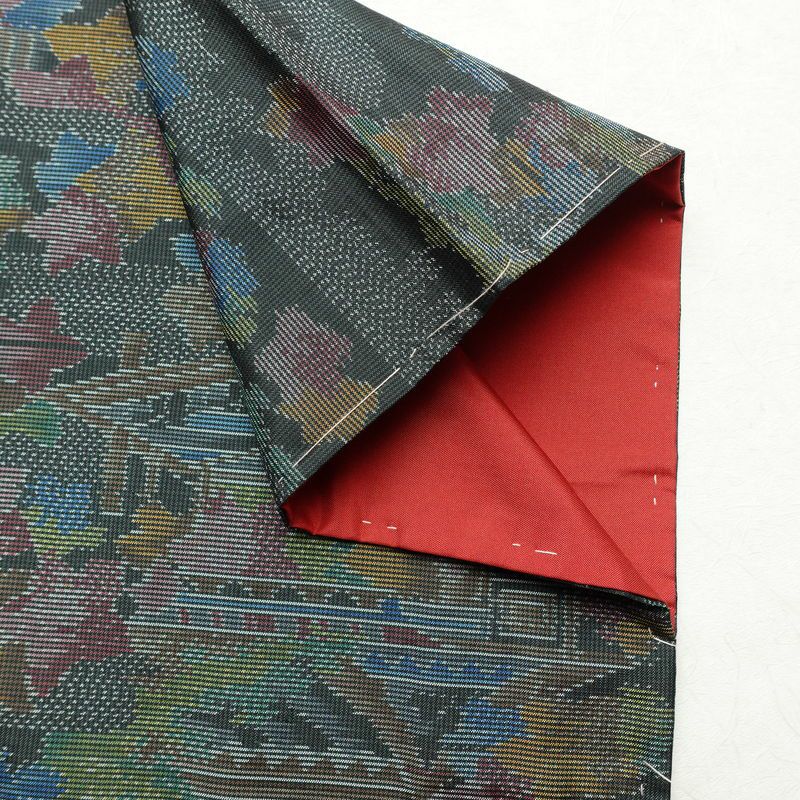 紬 しつけ糸付き 正絹 風景柄 袷仕立て 身丈152.5cm 裄丈64cm 着物 緑・うぐいす色_画像14