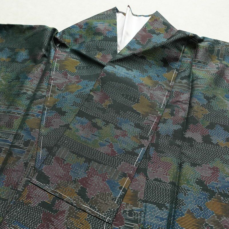 紬 しつけ糸付き 正絹 風景柄 袷仕立て 身丈152.5cm 裄丈64cm 着物 緑・うぐいす色_画像16