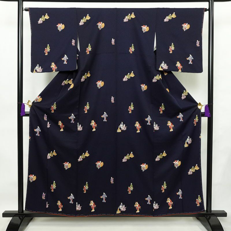 小紋 付下小紋 良品 しつけ糸付き 正絹 人物・動物柄 袷仕立て 身丈157cm 裄丈64cm 箔 金彩 着物 青・紺_画像1