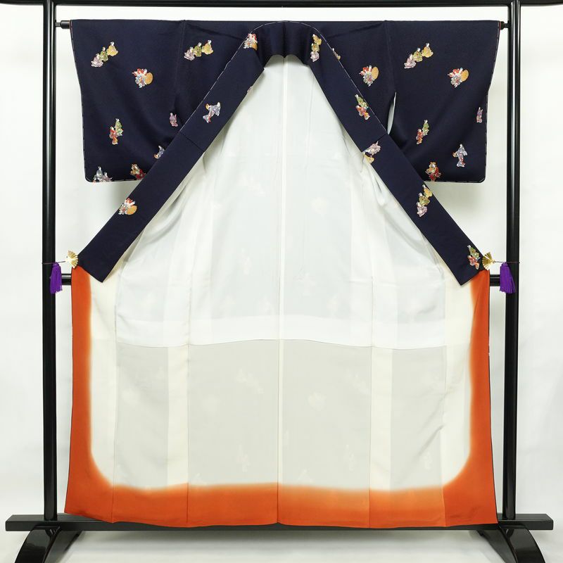 小紋 付下小紋 良品 しつけ糸付き 正絹 人物・動物柄 袷仕立て 身丈157cm 裄丈64cm 箔 金彩 着物 青・紺_画像3