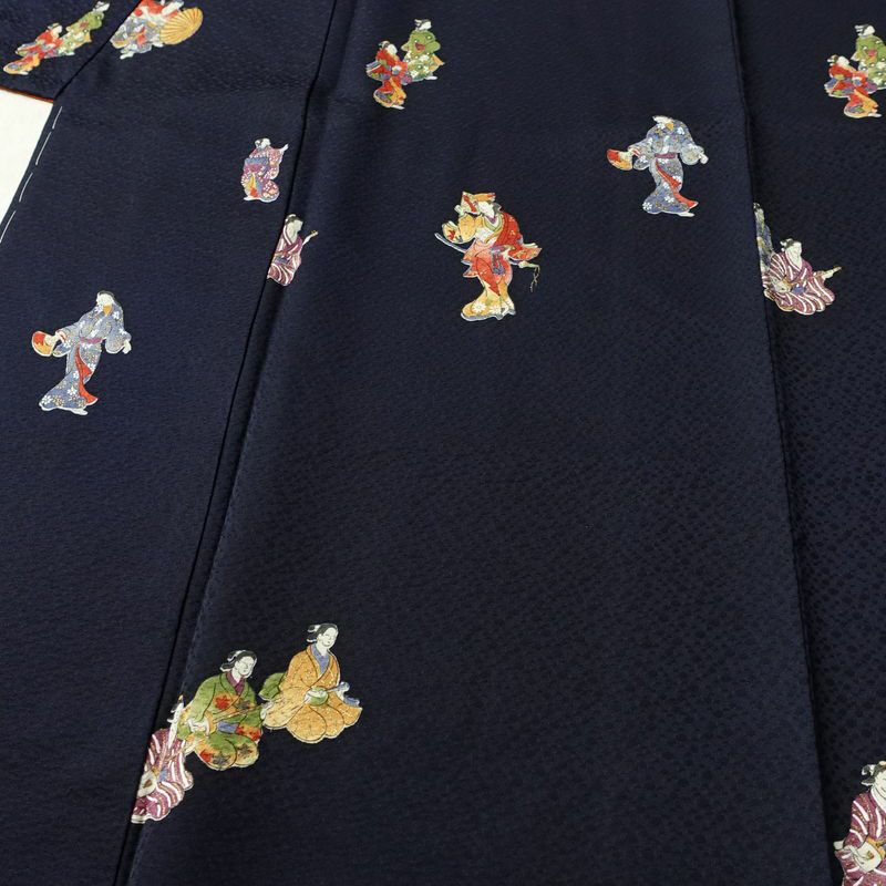 小紋 付下小紋 良品 しつけ糸付き 正絹 人物・動物柄 袷仕立て 身丈157cm 裄丈64cm 箔 金彩 着物 青・紺_画像5