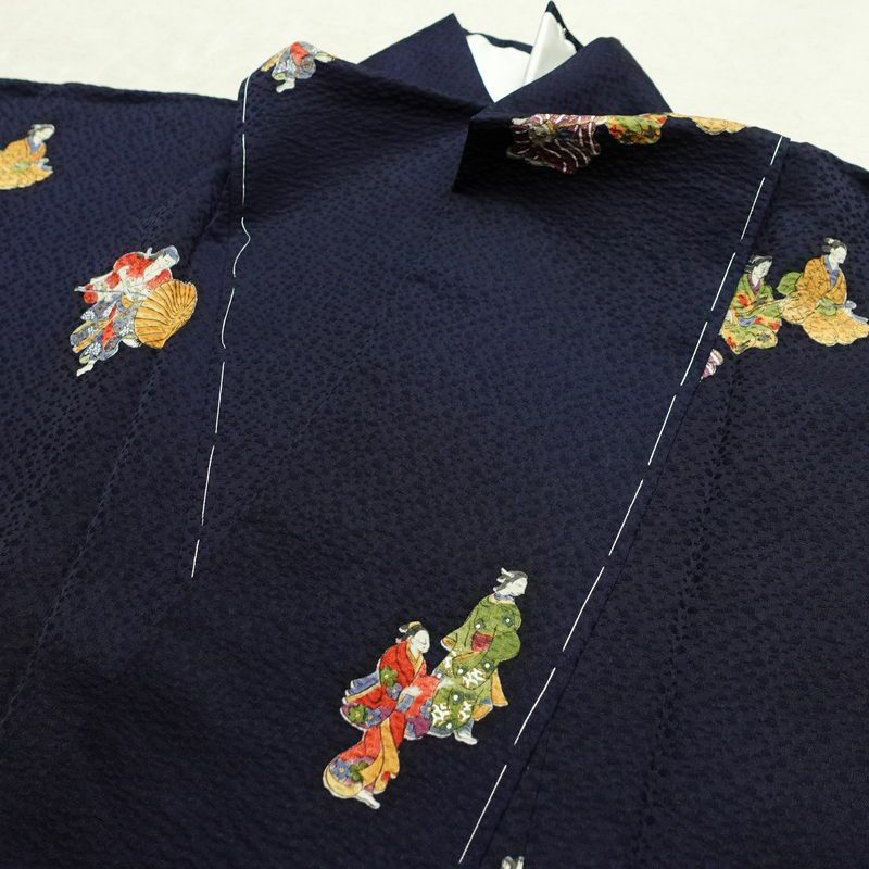 小紋 付下小紋 良品 しつけ糸付き 正絹 人物・動物柄 袷仕立て 身丈157cm 裄丈64cm 箔 金彩 着物 青・紺_画像18