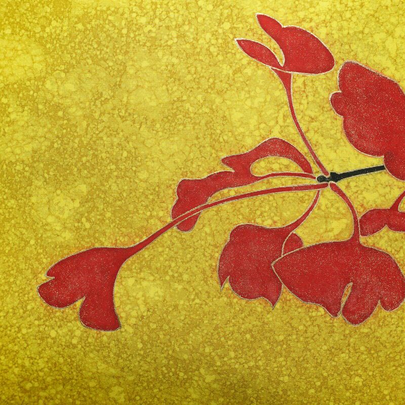 名古屋帯 太鼓柄 良品 正絹 木の葉・植物柄 名古屋仕立て 箔 金彩 イチョウ 帯 黄・黄土色_画像2