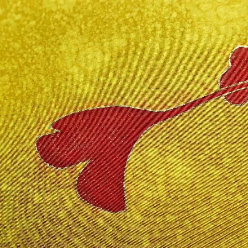 名古屋帯 太鼓柄 良品 正絹 木の葉・植物柄 名古屋仕立て 箔 金彩 イチョウ 帯 黄・黄土色_画像6