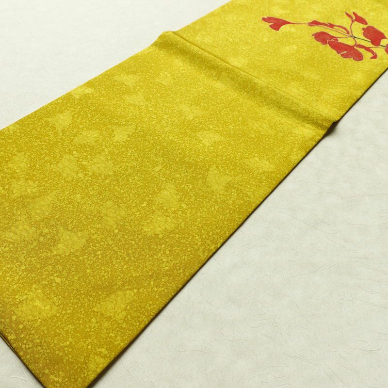 名古屋帯 太鼓柄 良品 正絹 木の葉・植物柄 名古屋仕立て 箔 金彩 イチョウ 帯 黄・黄土色_画像8