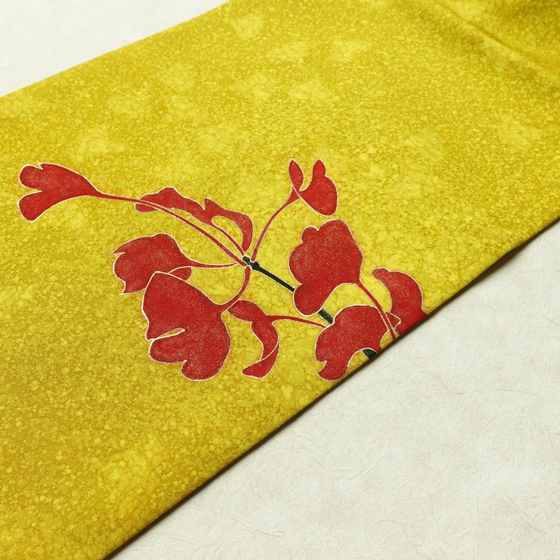 名古屋帯 太鼓柄 良品 正絹 木の葉・植物柄 名古屋仕立て 箔 金彩 イチョウ 帯 黄・黄土色_画像10