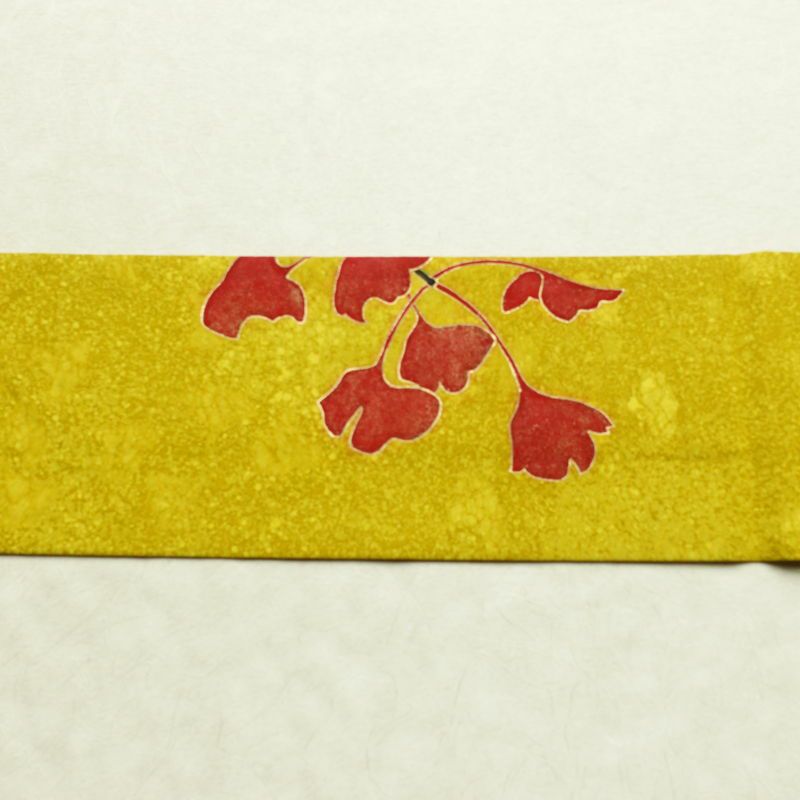 名古屋帯 太鼓柄 良品 正絹 木の葉・植物柄 名古屋仕立て 箔 金彩 イチョウ 帯 黄・黄土色_画像12