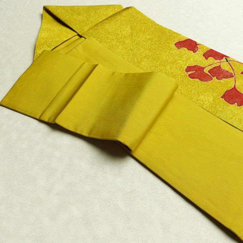 名古屋帯 太鼓柄 良品 正絹 木の葉・植物柄 名古屋仕立て 箔 金彩 イチョウ 帯 黄・黄土色_画像21