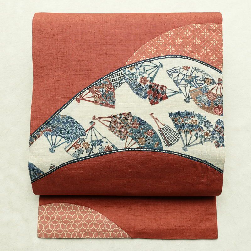 名古屋帯 太鼓柄 正絹 古典柄 名古屋仕立て 刺繍 帯 紬地 扇子 ピンク_画像1