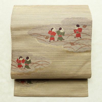 名古屋帯 太鼓柄 良品 正絹 人物・動物柄 名古屋仕立て 帯 ベージュ