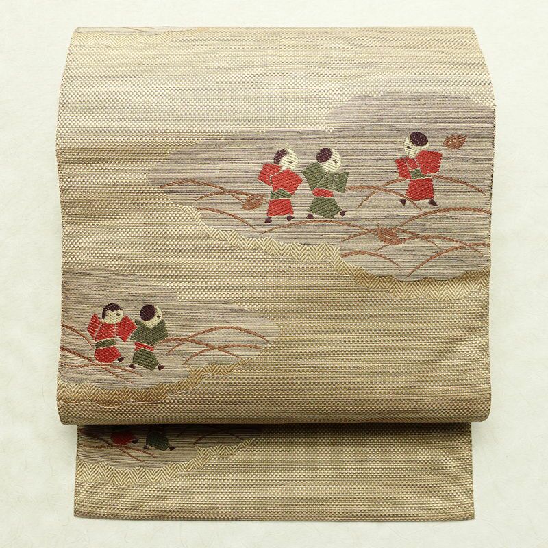 名古屋帯 太鼓柄 良品 正絹 人物・動物柄 名古屋仕立て 帯 ベージュ_画像1