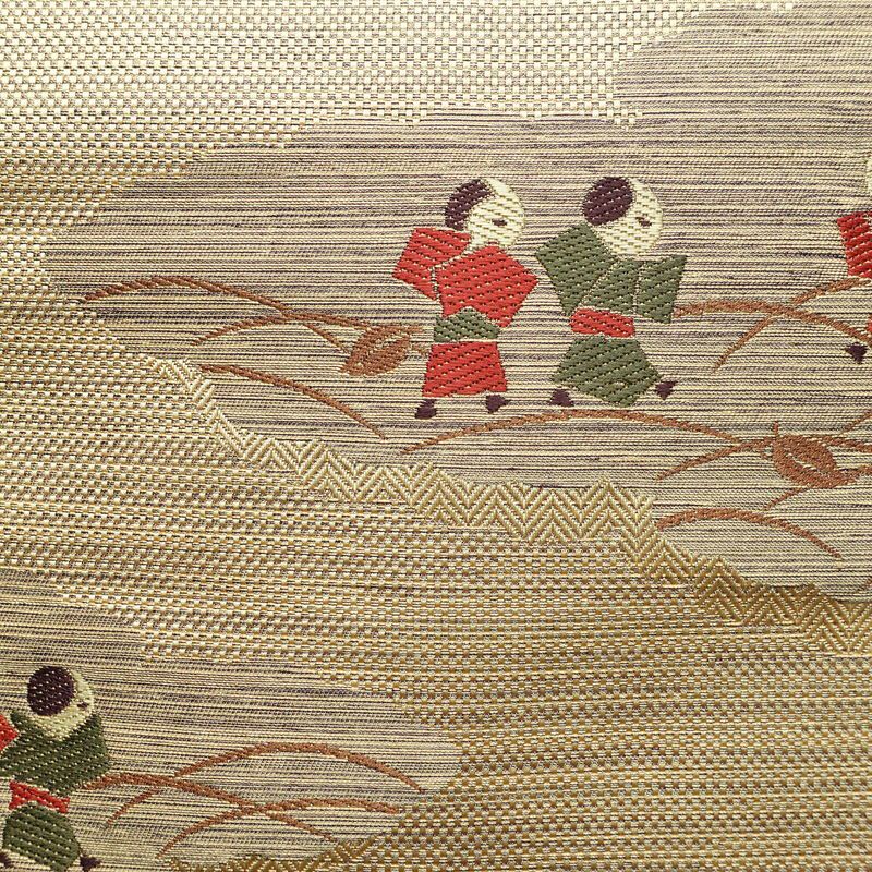 名古屋帯 太鼓柄 良品 正絹 人物・動物柄 名古屋仕立て 帯 ベージュ_画像2