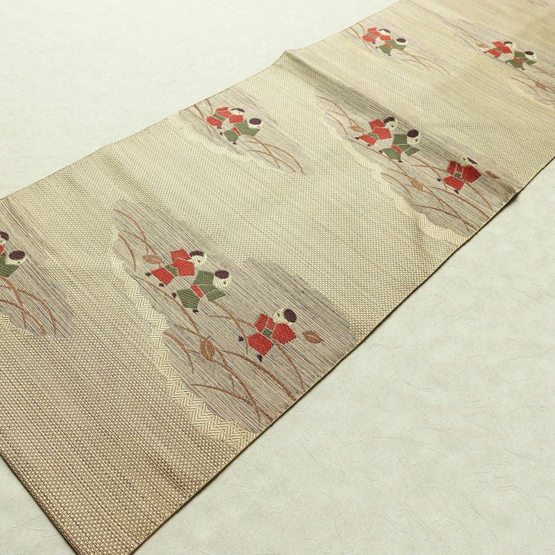 名古屋帯 太鼓柄 良品 正絹 人物・動物柄 名古屋仕立て 帯 ベージュ_画像9