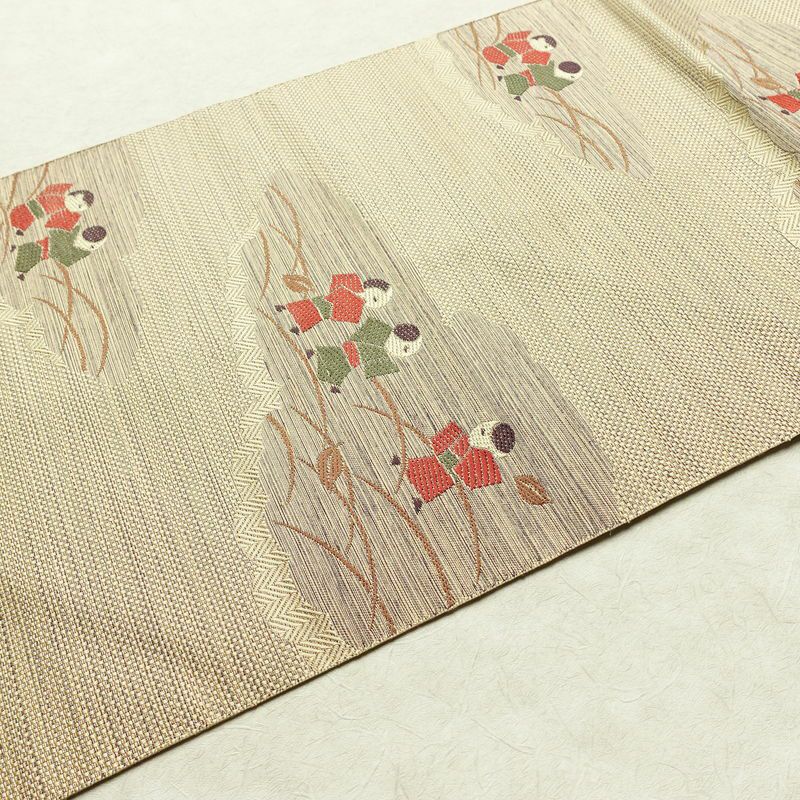 名古屋帯 太鼓柄 良品 正絹 人物・動物柄 名古屋仕立て 帯 ベージュ_画像12