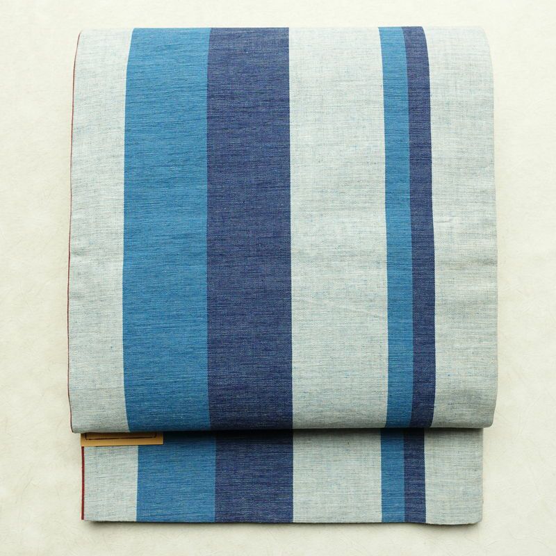 名古屋帯 全通柄 綿 縞柄・線柄 通し仕立て 帯 未使用品 青・紺_画像1