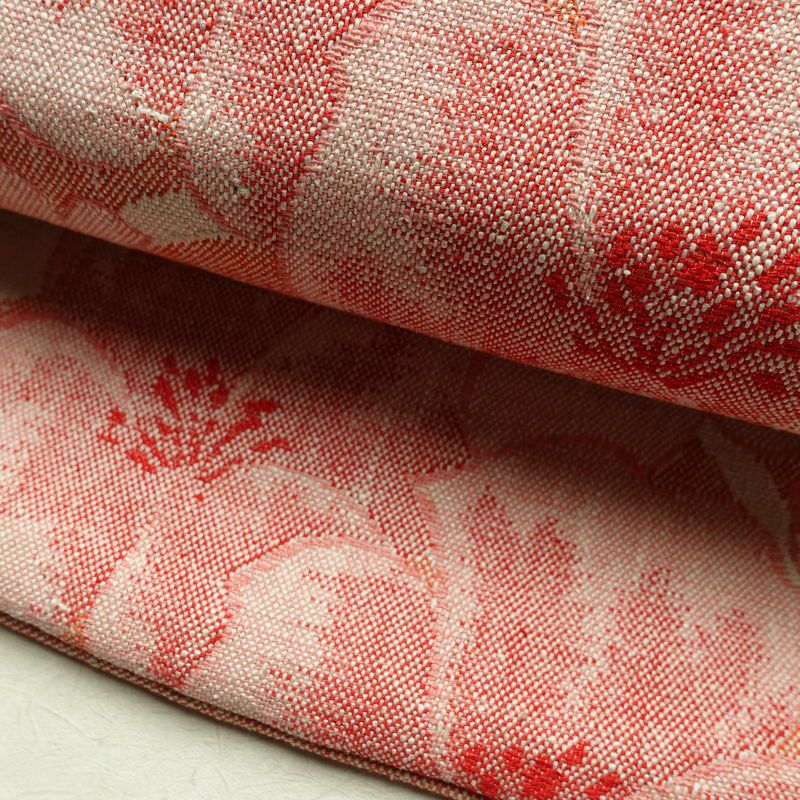 名古屋帯 六通柄 正絹 花柄 名古屋仕立て 帯 紬地 サーモンピンク ピンク_画像7