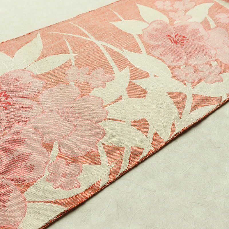 名古屋帯 六通柄 正絹 花柄 名古屋仕立て 帯 紬地 サーモンピンク ピンク_画像10