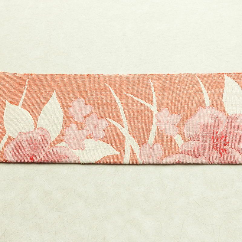 名古屋帯 六通柄 正絹 花柄 名古屋仕立て 帯 紬地 サーモンピンク ピンク_画像12