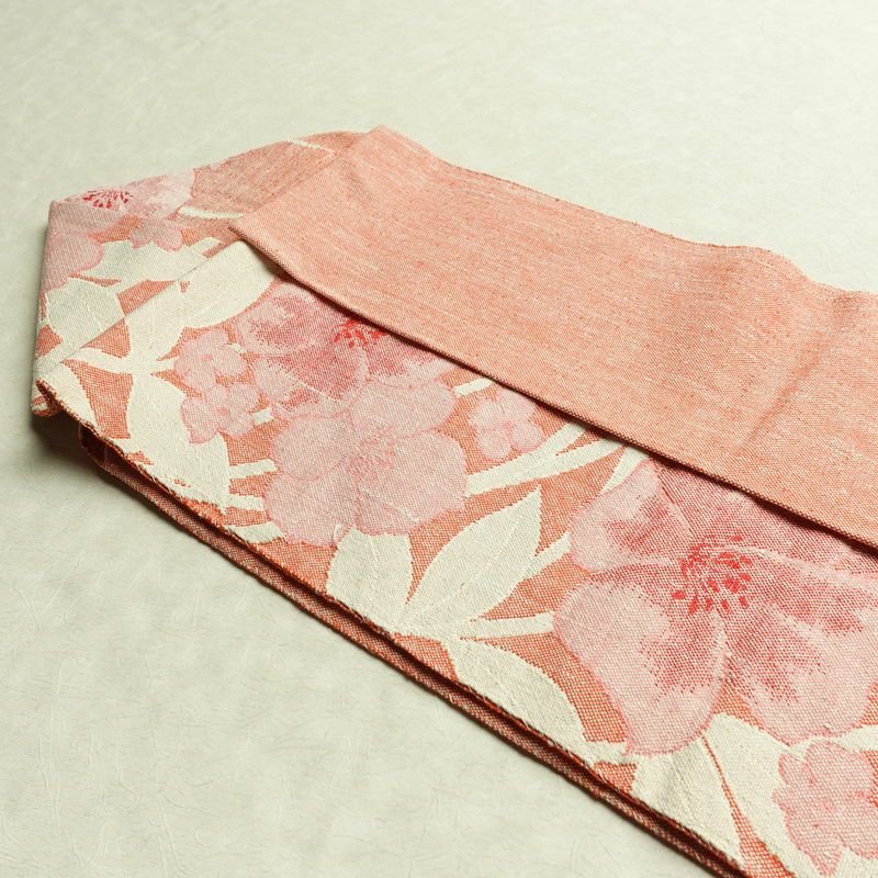 名古屋帯 六通柄 正絹 花柄 名古屋仕立て 帯 紬地 サーモンピンク ピンク_画像21