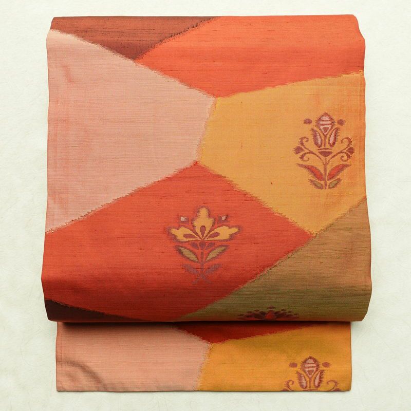 名古屋帯 六通柄 正絹 花柄 名古屋仕立て 帯 紬地 橙_画像1