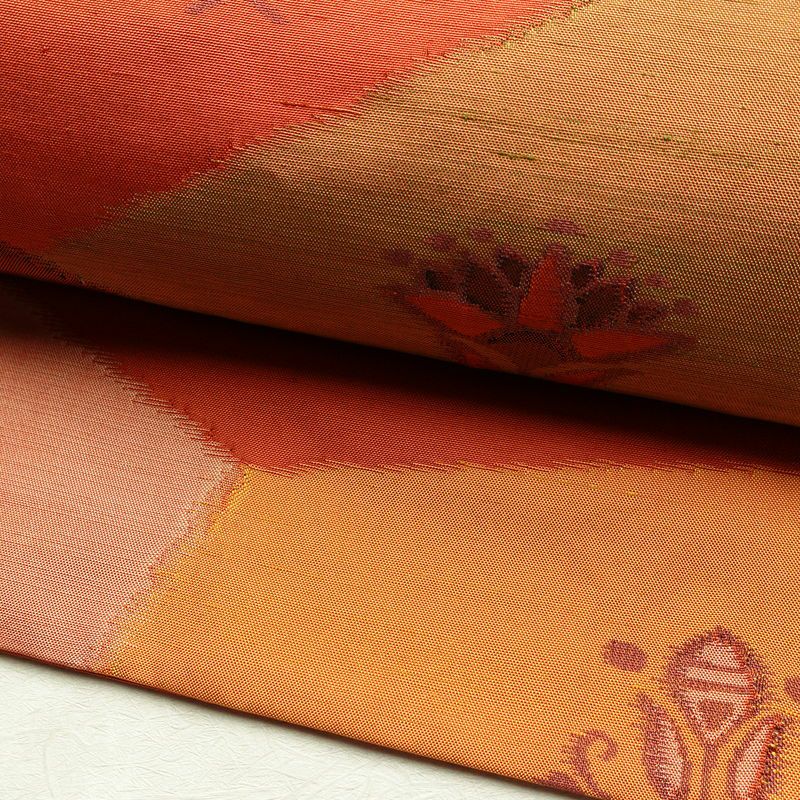 名古屋帯 六通柄 正絹 花柄 名古屋仕立て 帯 紬地 橙_画像6