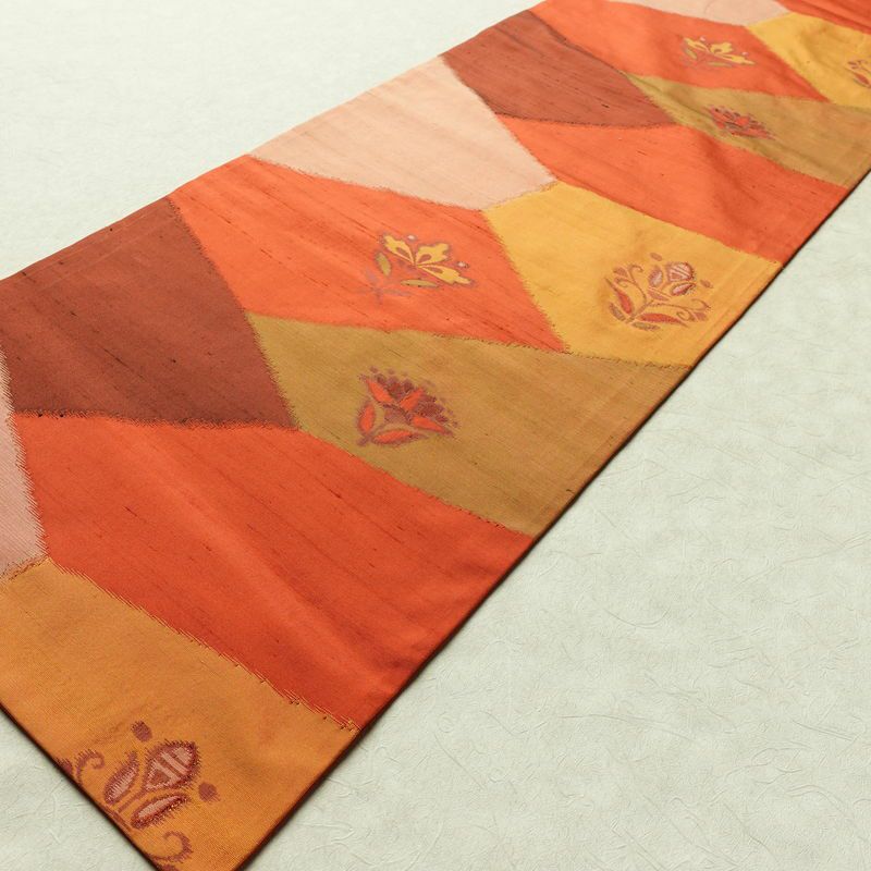 名古屋帯 六通柄 正絹 花柄 名古屋仕立て 帯 紬地 橙_画像7