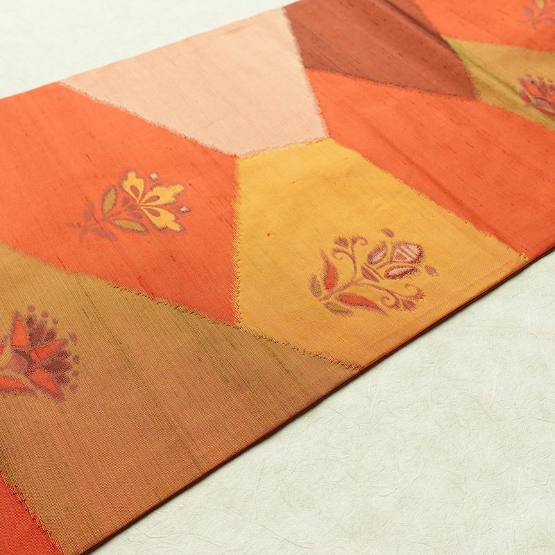 名古屋帯 六通柄 正絹 花柄 名古屋仕立て 帯 紬地 橙_画像10