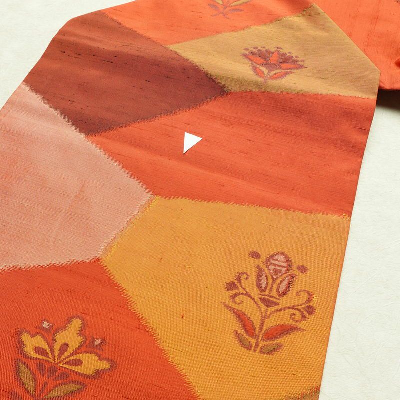 名古屋帯 六通柄 正絹 花柄 名古屋仕立て 帯 紬地 橙_画像15