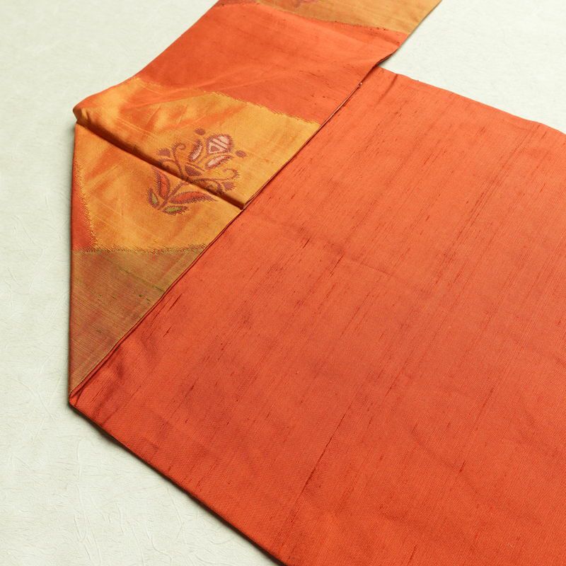 名古屋帯 六通柄 正絹 花柄 名古屋仕立て 帯 紬地 橙_画像19