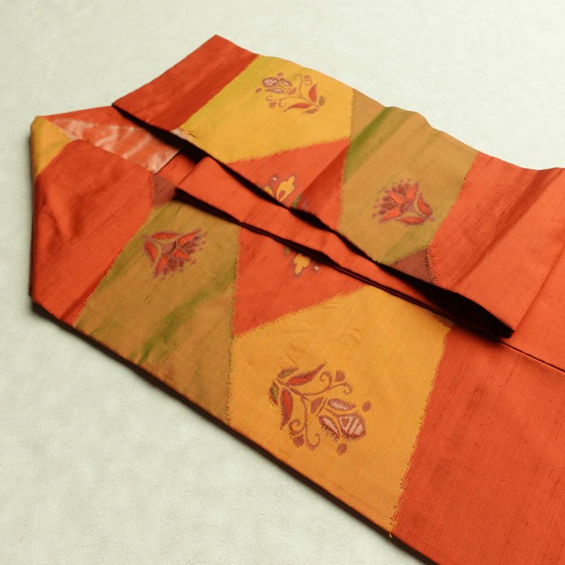 名古屋帯 六通柄 正絹 花柄 名古屋仕立て 帯 紬地 橙_画像21