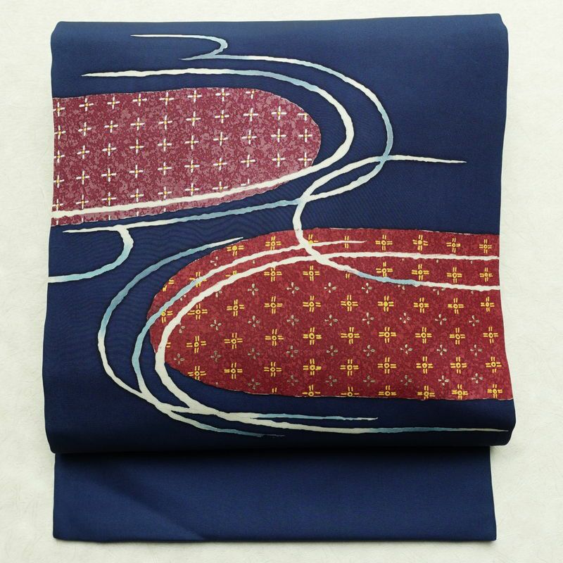 名古屋帯 太鼓柄 落款入り 正絹 古典柄 名古屋仕立て 箔 帯 青・紺_画像1