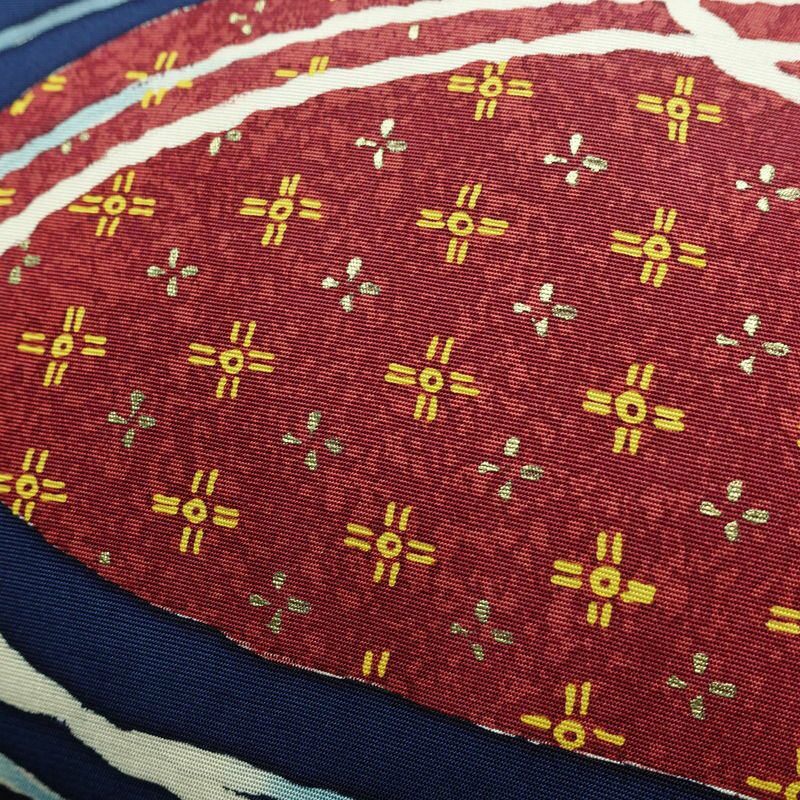 名古屋帯 太鼓柄 落款入り 正絹 古典柄 名古屋仕立て 箔 帯 青・紺_画像3