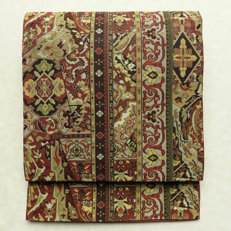 名古屋帯 六通柄 正絹 幾何学柄・抽象柄 松葉仕立て 帯 多色使い_画像1