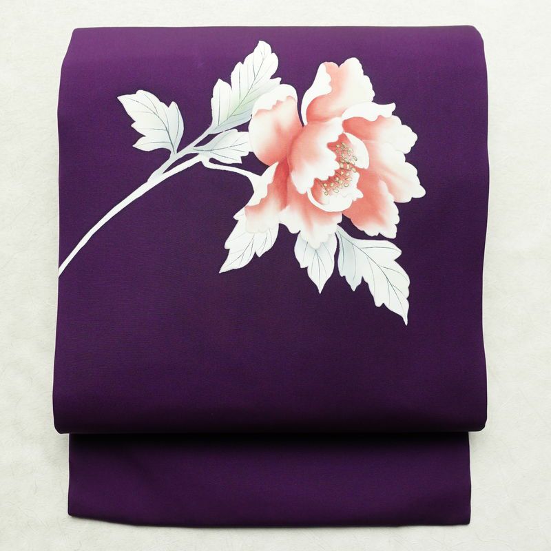 名古屋帯 太鼓柄 正絹 花柄 名古屋仕立て 箔 帯 紫・藤色_画像1