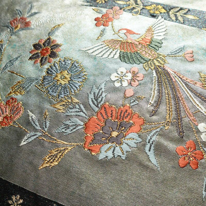 名古屋帯 太鼓柄 良品 正絹 木の葉・植物柄 名古屋仕立て 箔 刺繍 金・銀_画像3