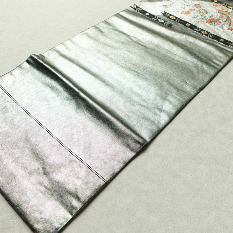 名古屋帯 太鼓柄 良品 正絹 木の葉・植物柄 名古屋仕立て 箔 刺繍 金・銀_画像9