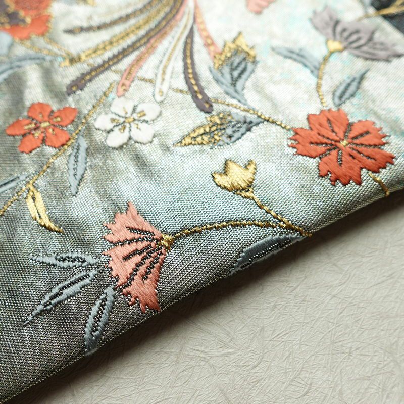 名古屋帯 太鼓柄 良品 正絹 木の葉・植物柄 名古屋仕立て 箔 刺繍 金・銀_画像12