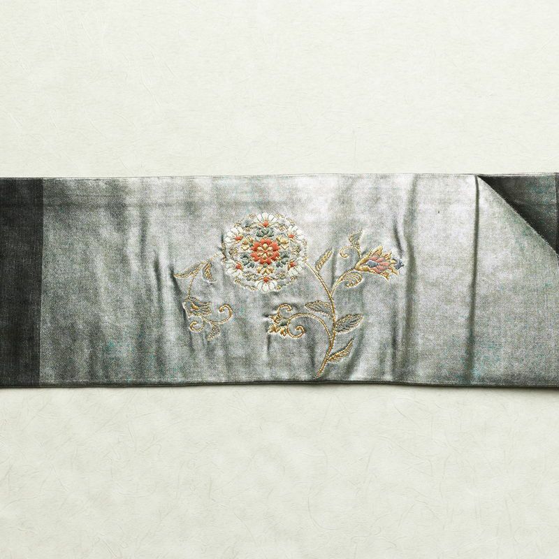 名古屋帯 太鼓柄 良品 正絹 木の葉・植物柄 名古屋仕立て 箔 刺繍 金・銀_画像13