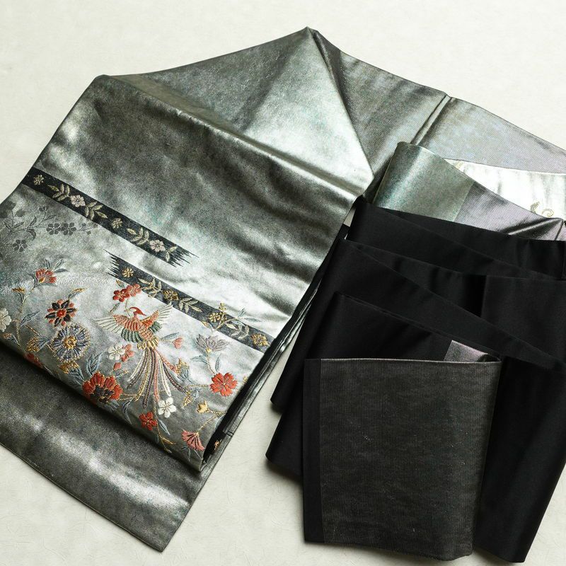 名古屋帯 太鼓柄 良品 正絹 木の葉・植物柄 名古屋仕立て 箔 刺繍 金・銀_画像17