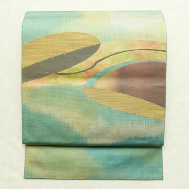 名古屋帯 太鼓柄 正絹 幾何学柄・抽象柄 通し仕立て 帯 緑・うぐいす色_画像1