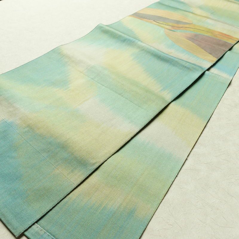 名古屋帯 太鼓柄 正絹 幾何学柄・抽象柄 通し仕立て 帯 緑・うぐいす色_画像8