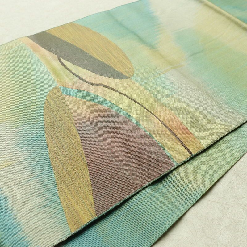 名古屋帯 太鼓柄 正絹 幾何学柄・抽象柄 通し仕立て 帯 緑・うぐいす色_画像11