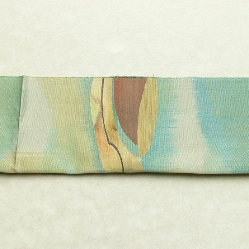 名古屋帯 太鼓柄 正絹 幾何学柄・抽象柄 通し仕立て 帯 緑・うぐいす色_画像14