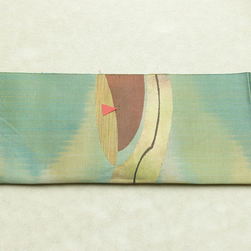 名古屋帯 太鼓柄 正絹 幾何学柄・抽象柄 通し仕立て 帯 緑・うぐいす色_画像15