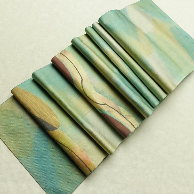 名古屋帯 太鼓柄 正絹 幾何学柄・抽象柄 通し仕立て 帯 緑・うぐいす色_画像20