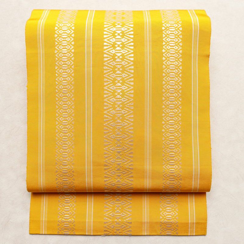 名古屋帯 献上柄 全通柄 正絹 縞柄・線柄 松葉仕立て 帯 黄・黄土色_画像1