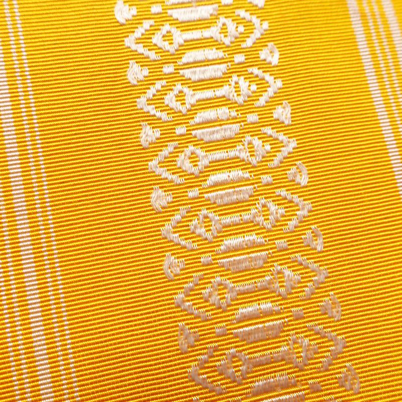 名古屋帯 献上柄 全通柄 正絹 縞柄・線柄 松葉仕立て 帯 黄・黄土色_画像4