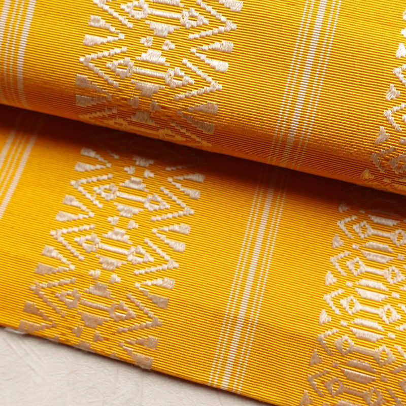 名古屋帯 献上柄 全通柄 正絹 縞柄・線柄 松葉仕立て 帯 黄・黄土色_画像6